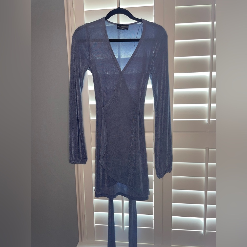 Kittenish XS blue gray shimmery long sleeve wrap dress worn once